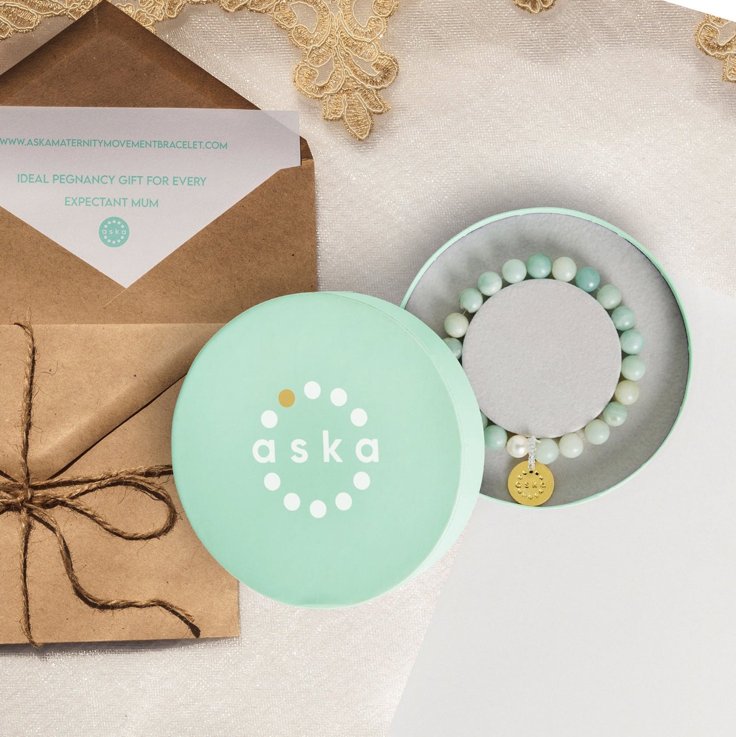 Aska Maternity Movement Bracelet in amazonite with gold plated silver pendant and premium gift box