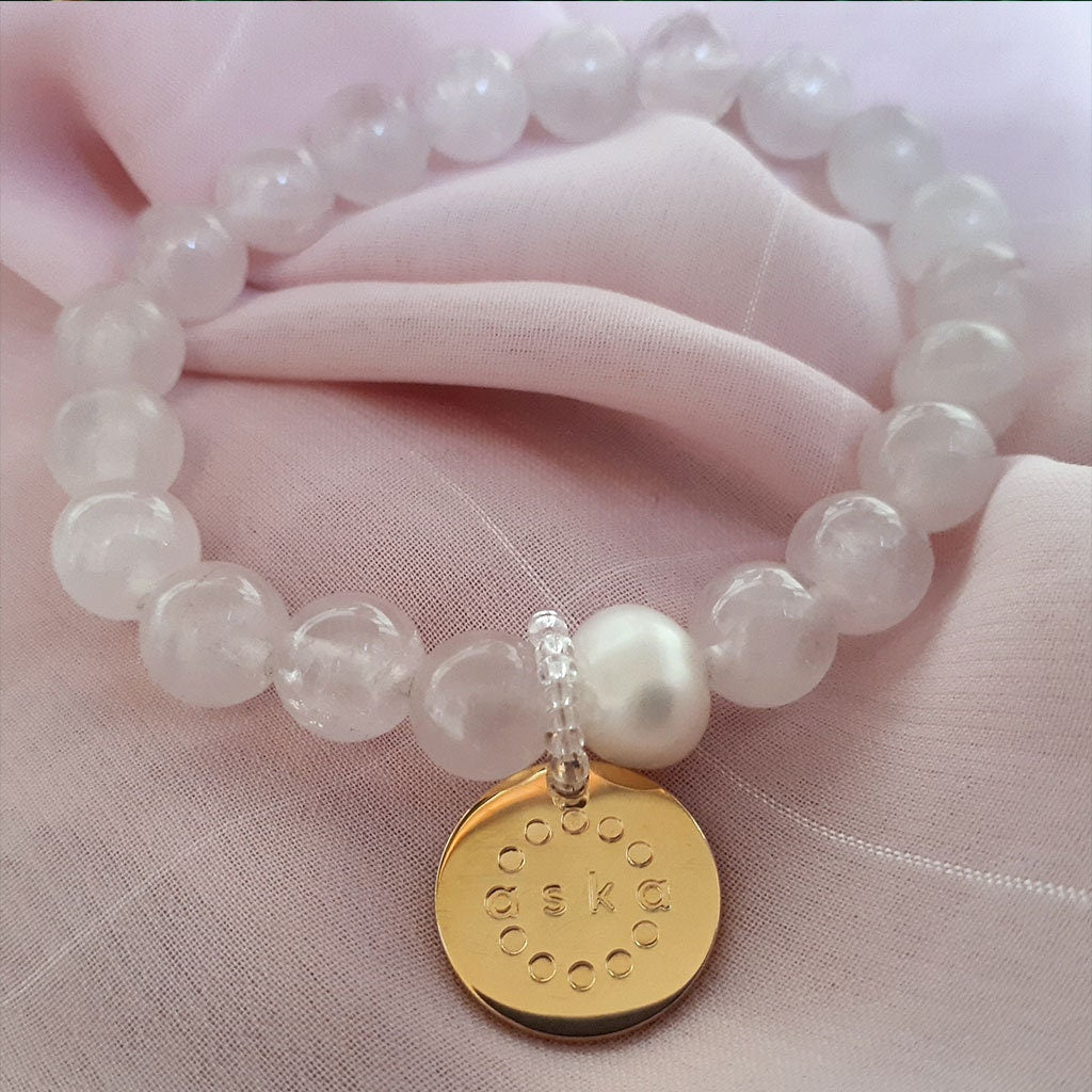 Aska Maternity Movement Bracelet in rosequartz with gold plated sterling silver pendant and premium gift box