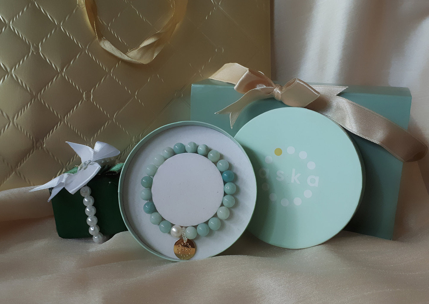 Aska Maternity Movement Bracelet in amazonite with gold plated silver pendant and premium gift box